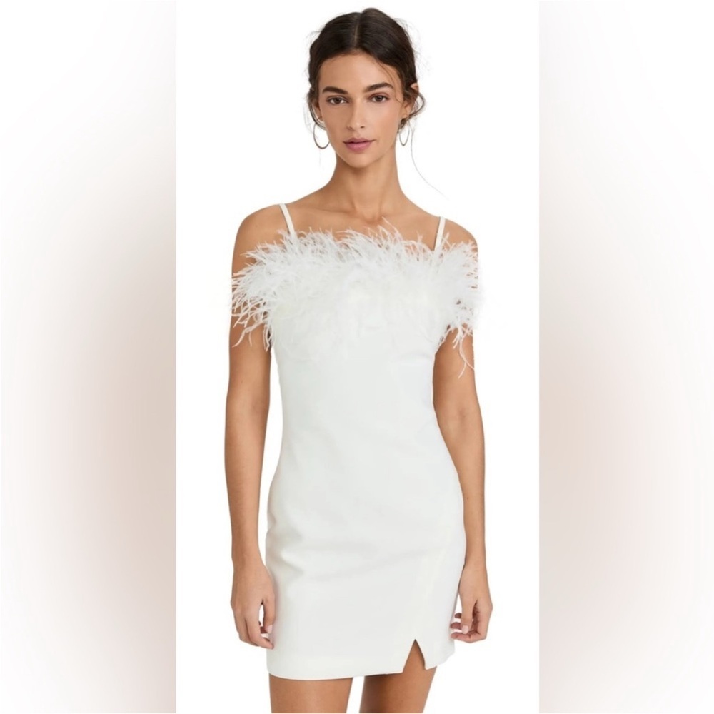 Likely Ivory Feather-Trim Spaghetti Strap Mini Dress